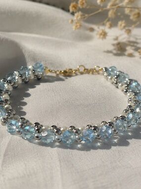 Handcrafted Light Blue Crystal and Silver Bead Bracelet